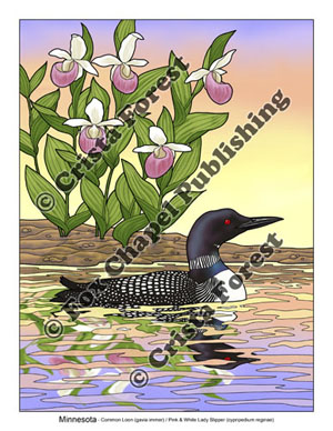 loon and ladyslipper flower coloring page