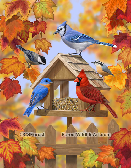 autumn birds and bird feeder painting