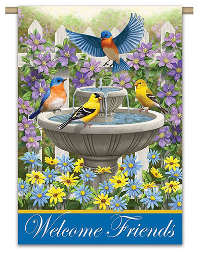 birds in bird bath garden flag