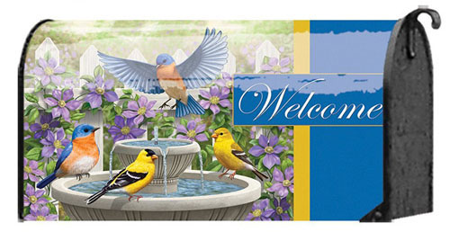 birds in bird bath mailbox cover