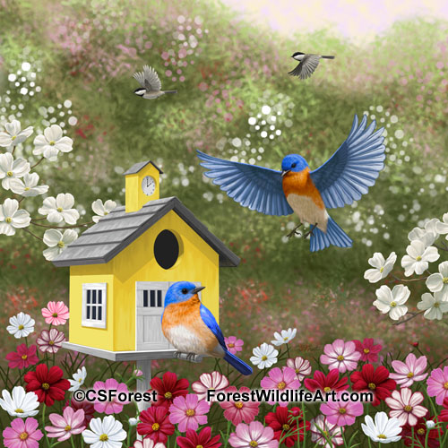 Eastern Bluebirds and cute schoolhouse birdhouse