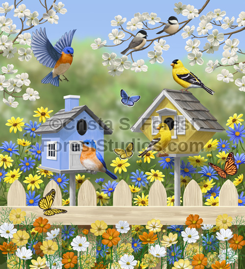 Birds and birdhouses painting