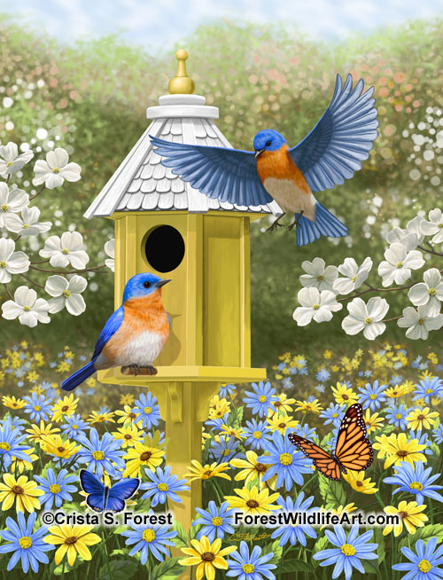 Bluebirds and tall yellow birdhouse