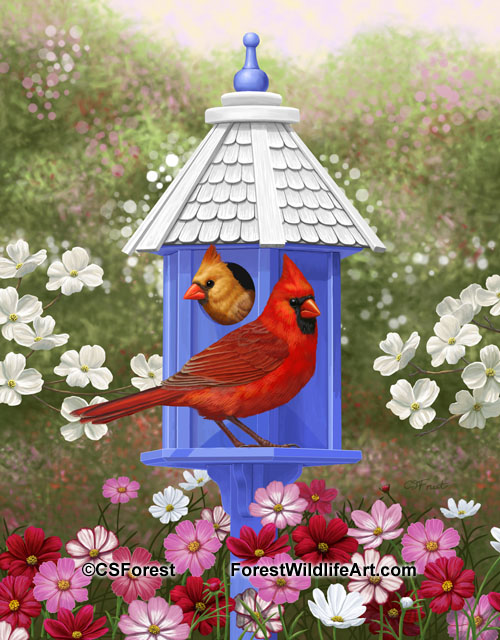 Spring cardinals and blue birdhouse