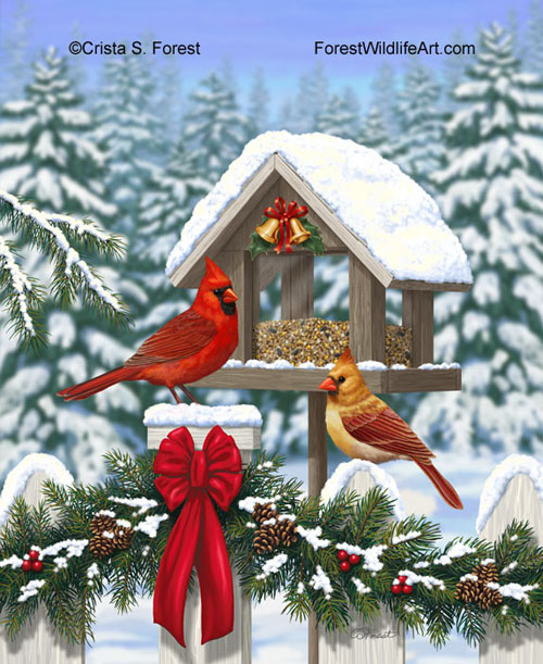 Christmas cardinals and bird feeder painting