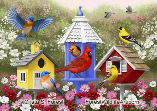 goldfinches, bluebirds, cardinals, and colorful birdhouses