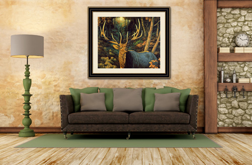 Bull elk in autumn painting hanging over the sofa