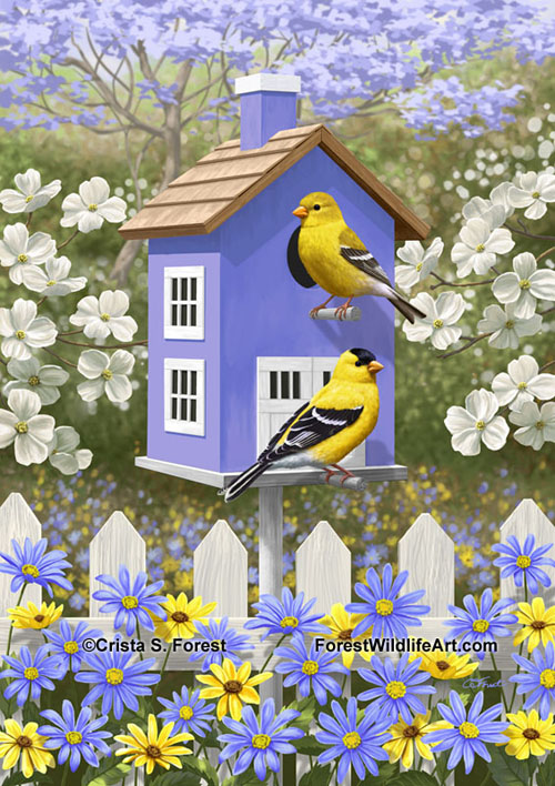 goldfinches and purple birdhouse