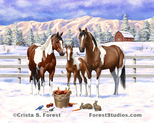Bay Pinto Horses In Snow Painting