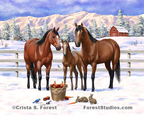 Bay Horses In Snow Painting