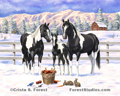 Black Pinto Horses In Snow Painting