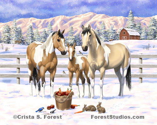 Buckskin Pinto Horses In Snow Painting