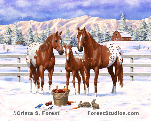 Chestnut Appaloosas In Snow Painting