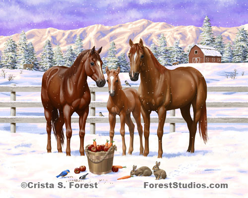 Sorrel Quarter Horses In Snow Painting