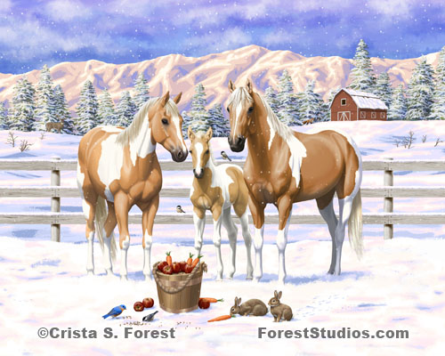 Palomino Pinto Horses In Snow Painting