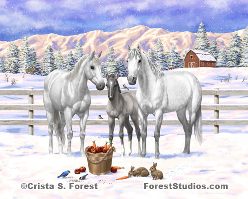 White Gray Horses In Snow Painting