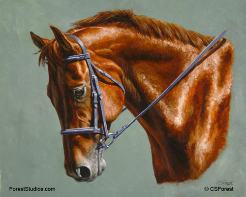 Chestnut dressage horse painting