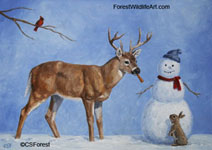 Whitetail deer and Christmas snowman