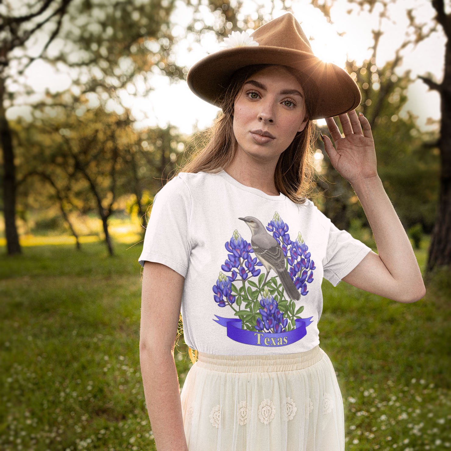 Texas state mockingbird and Bluebonnet lupine wildflower shirts